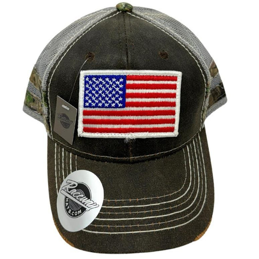 Readymade American Flag Patch on Outdoor Cap HPC400M Camo Hat - Sale Priced!