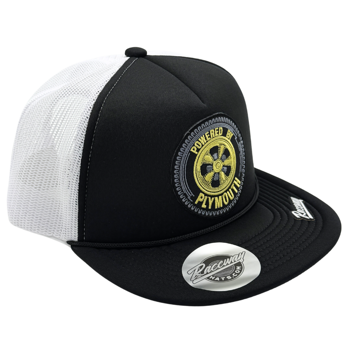 5-Panel Foam Snapback Flatbill Trucker Hat with Vintage-Style Plymouth Patch