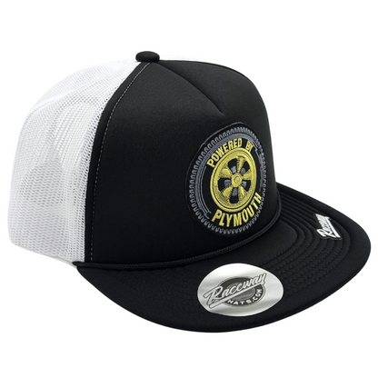 5-Panel Foam Snapback Flatbill Trucker Hat with Vintage-Style Plymouth Patch