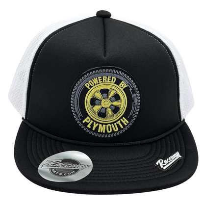 5-Panel Foam Snapback Flatbill Trucker Hat with Vintage-Style Plymouth Patch